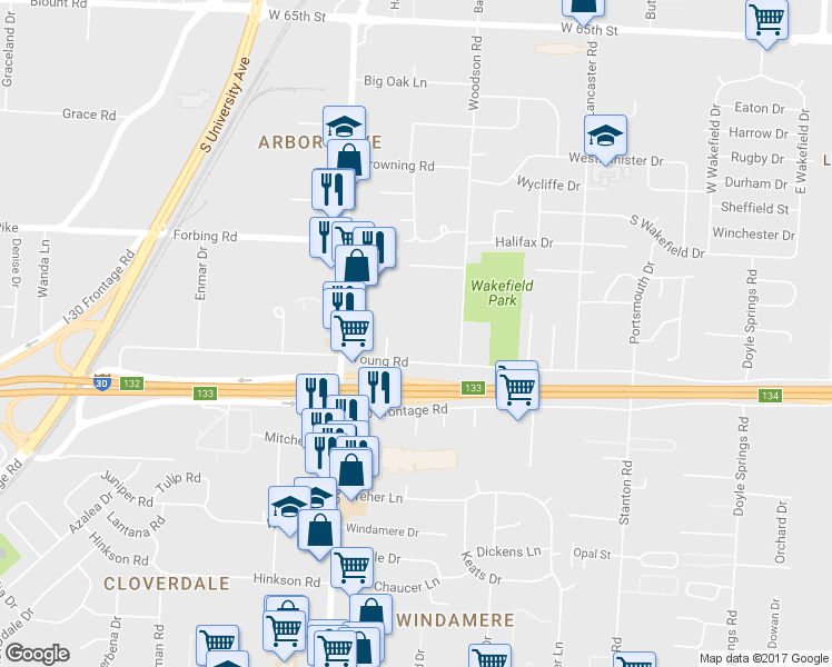 map of restaurants, bars, coffee shops, grocery stores, and more near 5720 Young Road in Little Rock