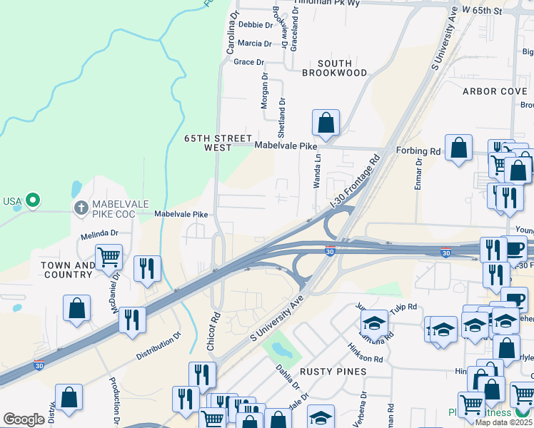 map of restaurants, bars, coffee shops, grocery stores, and more near 9110 Interstate 30 in Little Rock