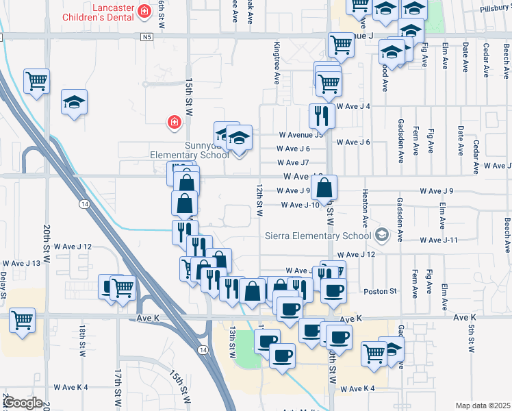 map of restaurants, bars, coffee shops, grocery stores, and more near 12th Street West in Los Angeles County