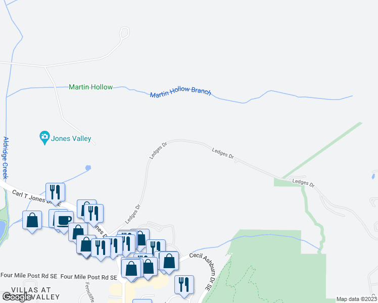 map of restaurants, bars, coffee shops, grocery stores, and more near 4950 Ledges Drive in Huntsville