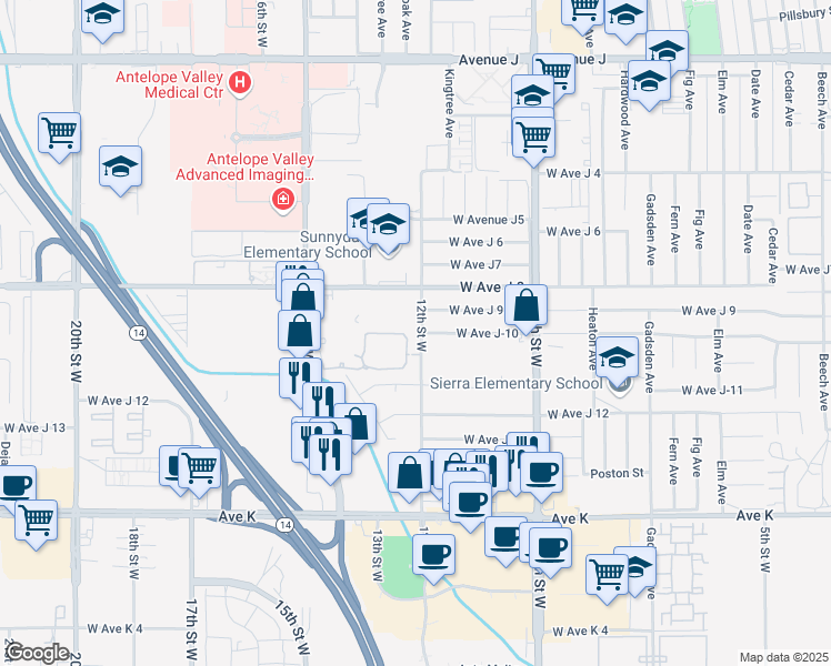 map of restaurants, bars, coffee shops, grocery stores, and more near 43889 12th Street West in Lancaster