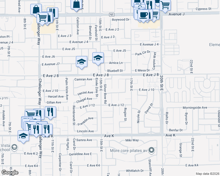 map of restaurants, bars, coffee shops, grocery stores, and more near 43844 Silver Bow Road in Lancaster