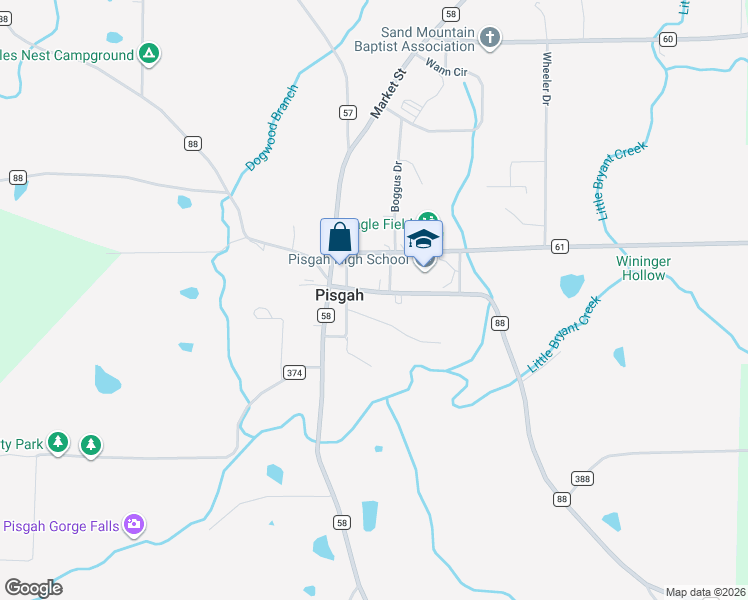 map of restaurants, bars, coffee shops, grocery stores, and more near 10887 County Road 88 in Pisgah