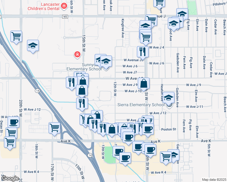 map of restaurants, bars, coffee shops, grocery stores, and more near 43889 12th Street West in Lancaster
