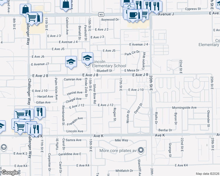 map of restaurants, bars, coffee shops, grocery stores, and more near 43906 Broadwater Avenue in Lancaster