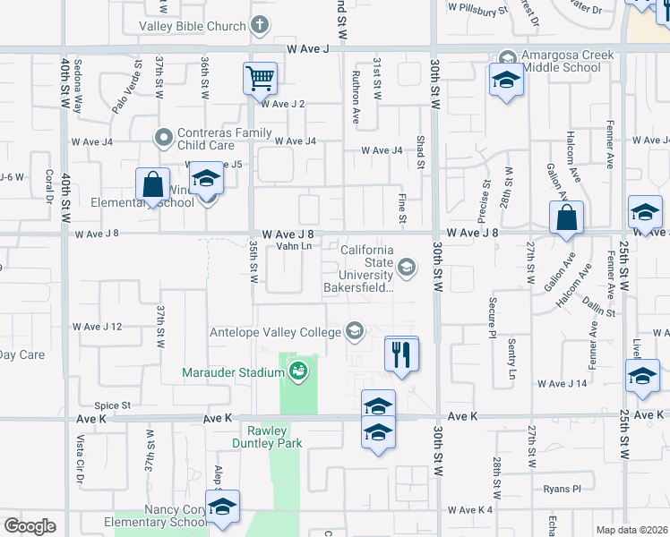 map of restaurants, bars, coffee shops, grocery stores, and more near 3041 West Avenue K in Lancaster