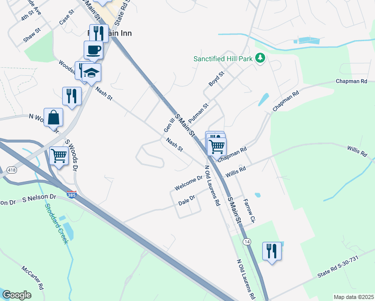 map of restaurants, bars, coffee shops, grocery stores, and more near 511 Nash Street in Fountain Inn