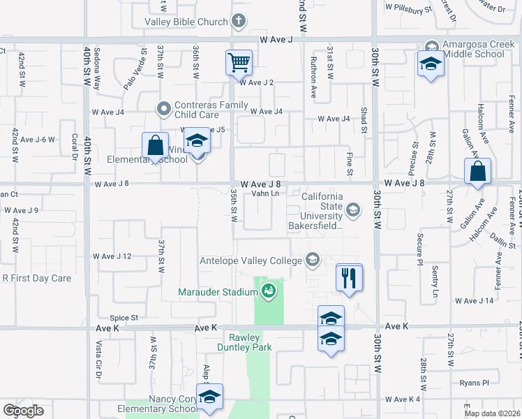 map of restaurants, bars, coffee shops, grocery stores, and more near 43920 33rd Street West in Lancaster
