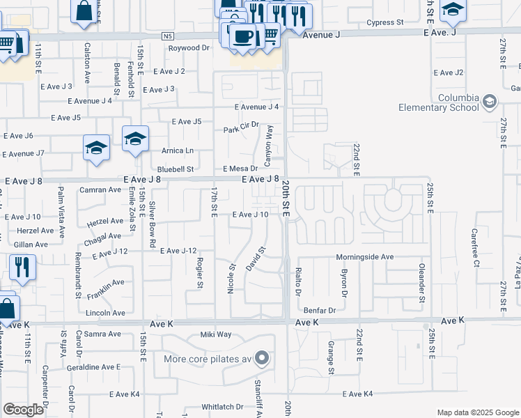 map of restaurants, bars, coffee shops, grocery stores, and more near 43941 18th Street East in Lancaster