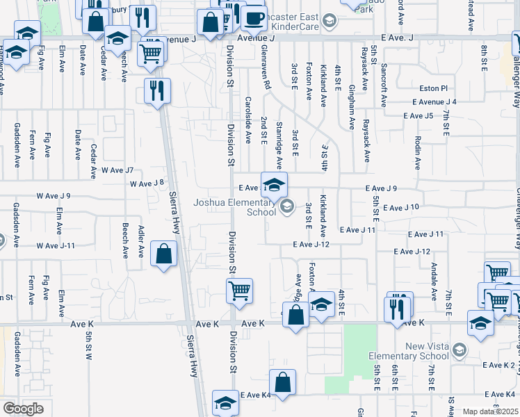 map of restaurants, bars, coffee shops, grocery stores, and more near 43926 2nd Street East in Lancaster