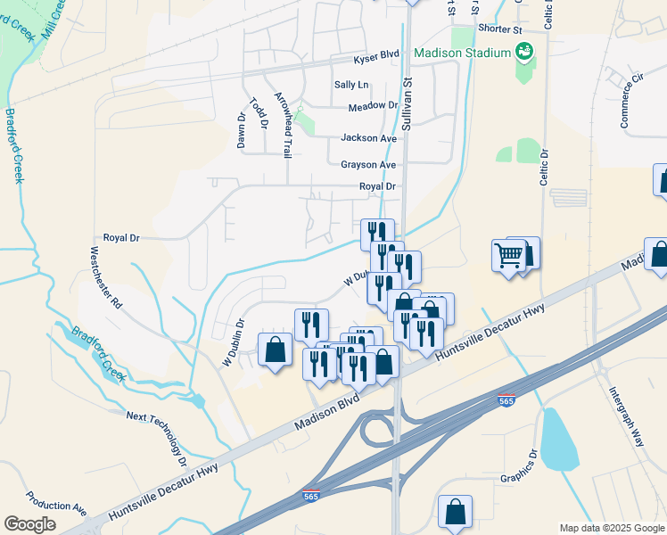 map of restaurants, bars, coffee shops, grocery stores, and more near 117 Royal Drive in Madison