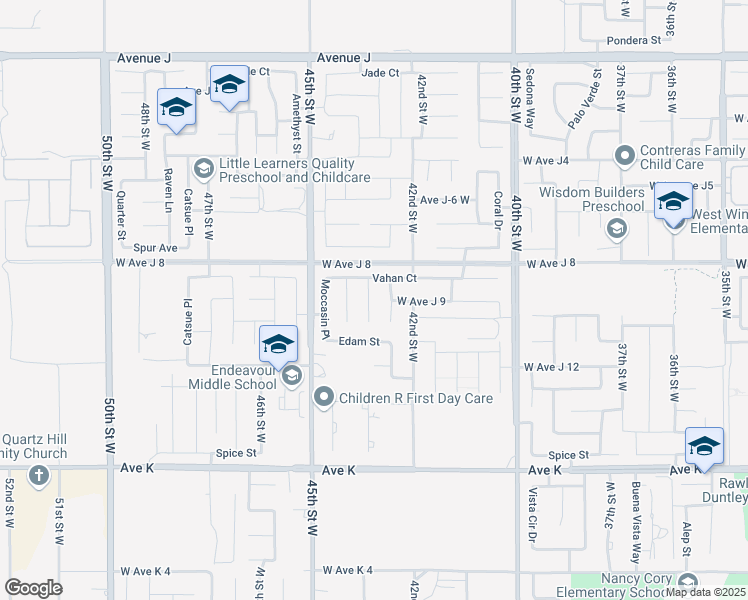 map of restaurants, bars, coffee shops, grocery stores, and more near 43916 43rd Street West in Lancaster