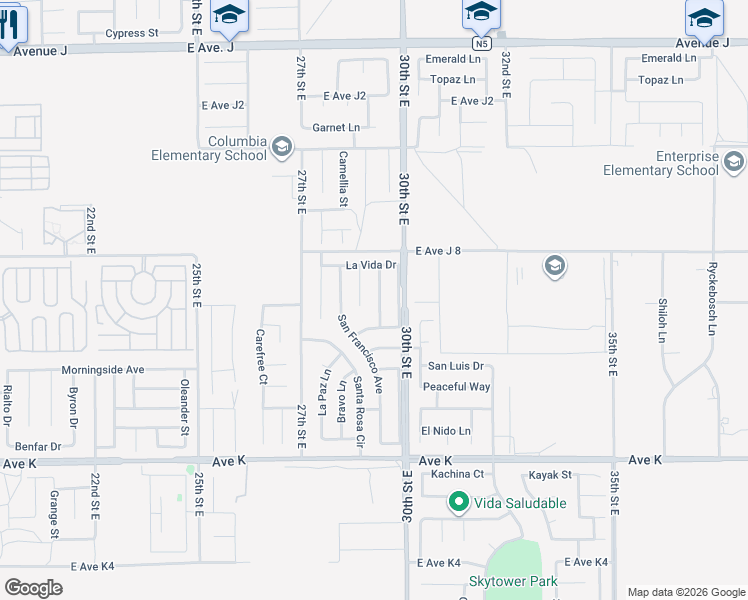 map of restaurants, bars, coffee shops, grocery stores, and more near 43909 Estrella Lane in Lancaster