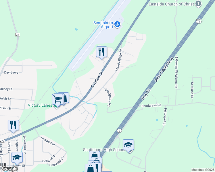 map of restaurants, bars, coffee shops, grocery stores, and more near 2012 Moody Ridge Road in Scottsboro