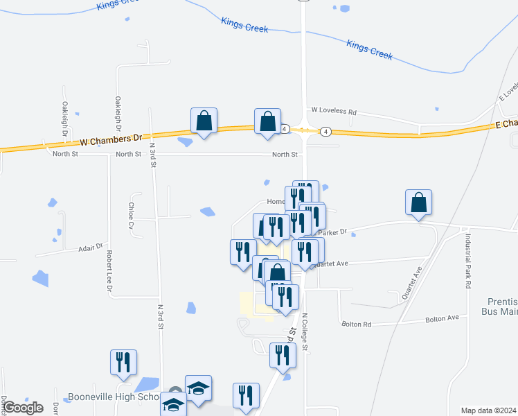 map of restaurants, bars, coffee shops, grocery stores, and more near 295 Homer Road in Booneville
