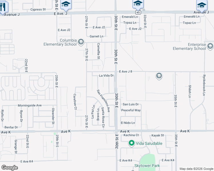map of restaurants, bars, coffee shops, grocery stores, and more near 43909 Estrella Lane in Lancaster