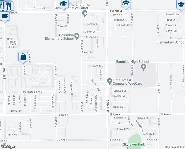 map of restaurants, bars, coffee shops, grocery stores, and more near 43912 San Francisco Avenue in Lancaster