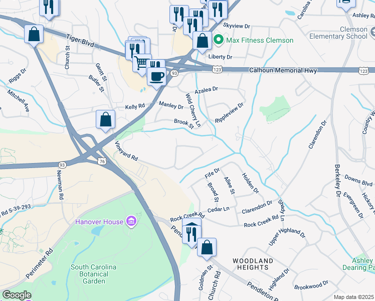 map of restaurants, bars, coffee shops, grocery stores, and more near 117 Roslyn Drive in Clemson