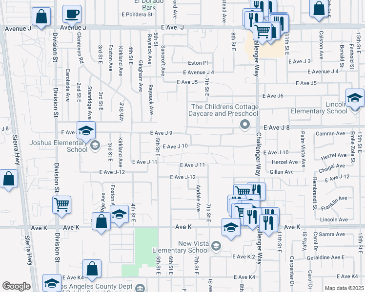 map of restaurants, bars, coffee shops, grocery stores, and more near 45581 6th Street East in Lancaster