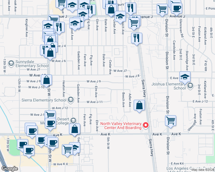 map of restaurants, bars, coffee shops, grocery stores, and more near 517 West Avenue J-10 in Lancaster