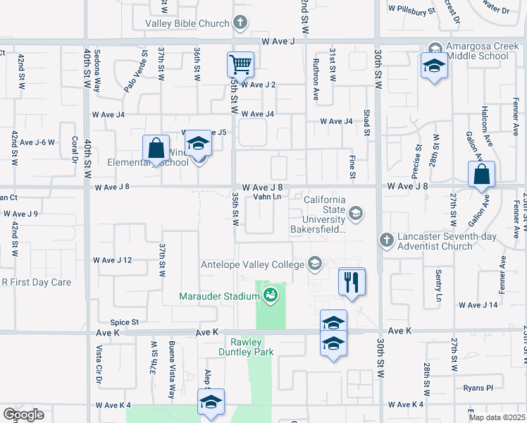 map of restaurants, bars, coffee shops, grocery stores, and more near 43920 33rd Street West in Lancaster