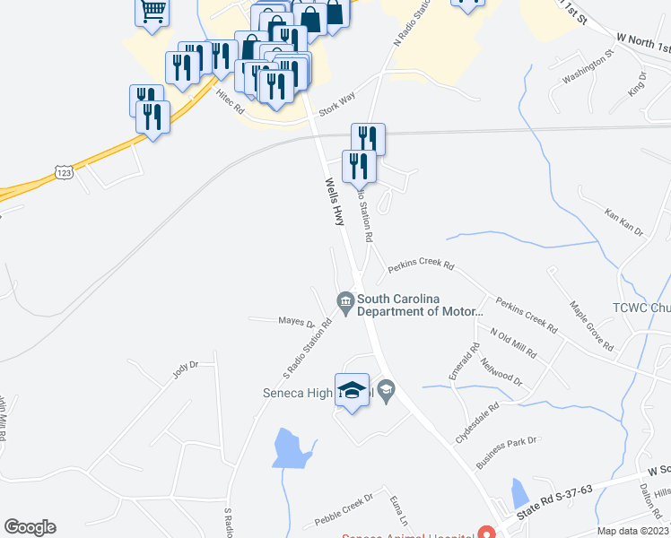 map of restaurants, bars, coffee shops, grocery stores, and more near 159 Northwoods Drive in Seneca