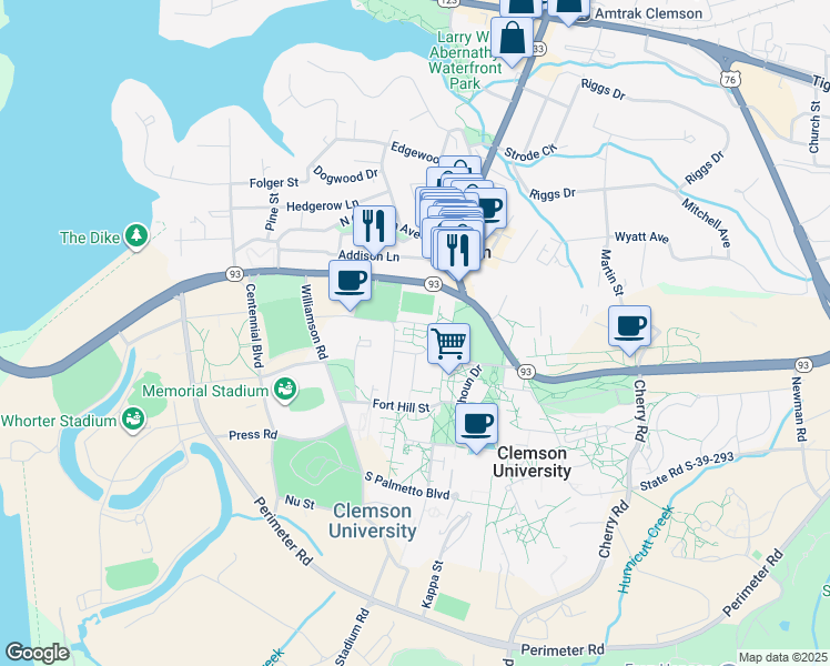 map of restaurants, bars, coffee shops, grocery stores, and more near Klugh Avenue in Clemson