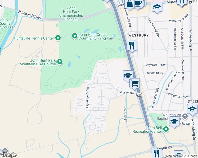map of restaurants, bars, coffee shops, grocery stores, and more near 2022 Fairway Hills Drive in Huntsville