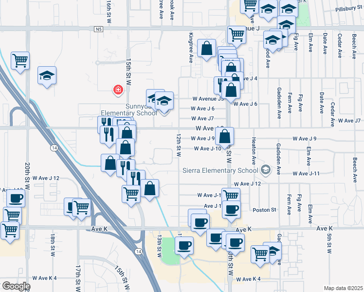 map of restaurants, bars, coffee shops, grocery stores, and more near 1157 West Avenue J in Lancaster
