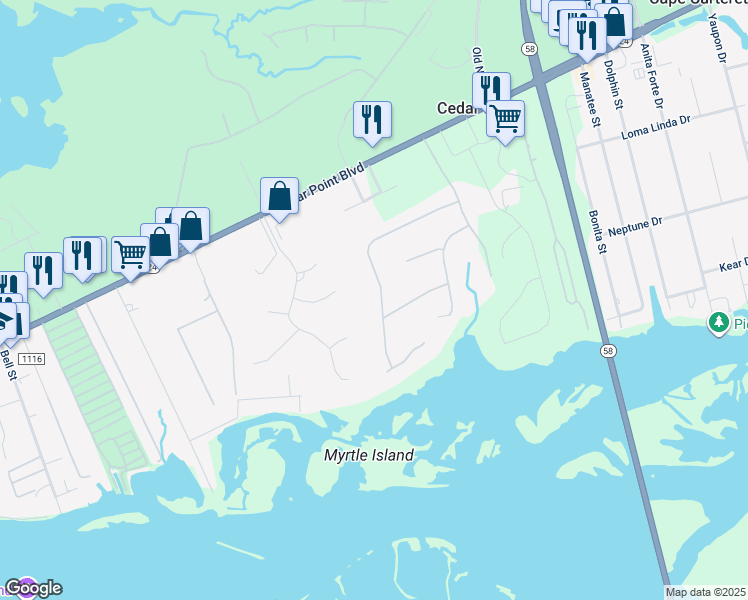 map of restaurants, bars, coffee shops, grocery stores, and more near 142 Magens Way in Cedar Point