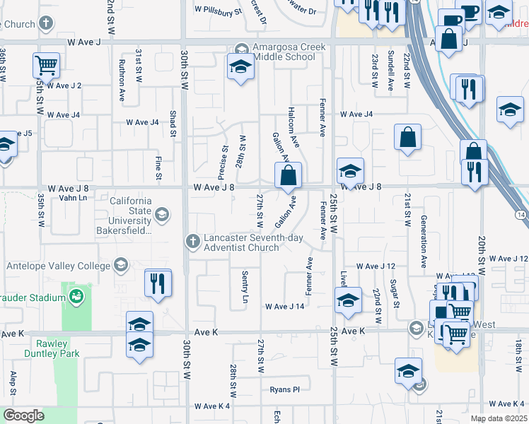 map of restaurants, bars, coffee shops, grocery stores, and more near 2653 End Court in Lancaster