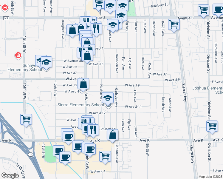 map of restaurants, bars, coffee shops, grocery stores, and more near 719 West Avenue J-10 in Lancaster