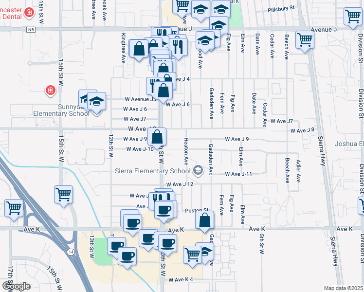 map of restaurants, bars, coffee shops, grocery stores, and more near 809 West Avenue J-10 in Lancaster