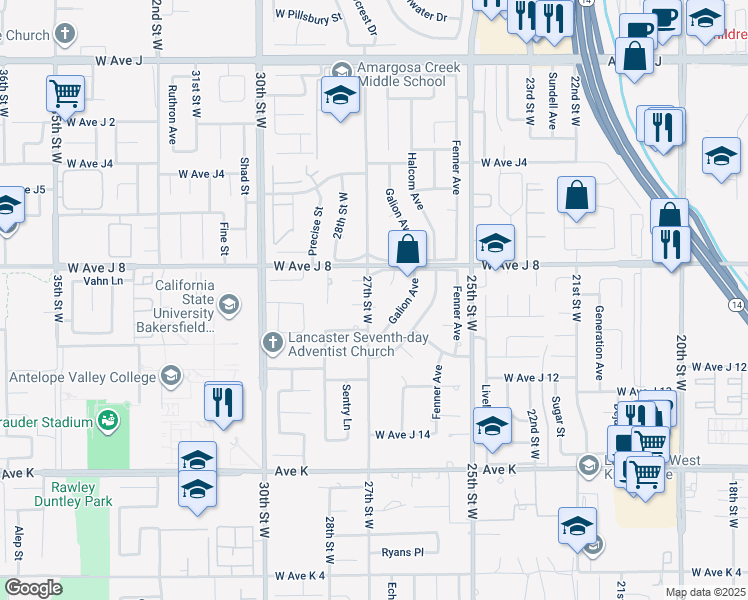 map of restaurants, bars, coffee shops, grocery stores, and more near 2653 End Court in Lancaster