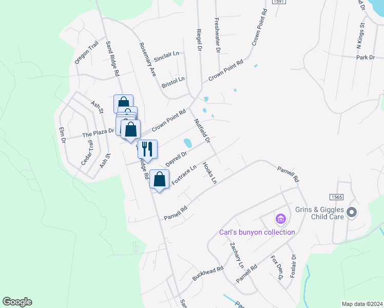 map of restaurants, bars, coffee shops, grocery stores, and more near 308 Dayrell Drive in Hubert