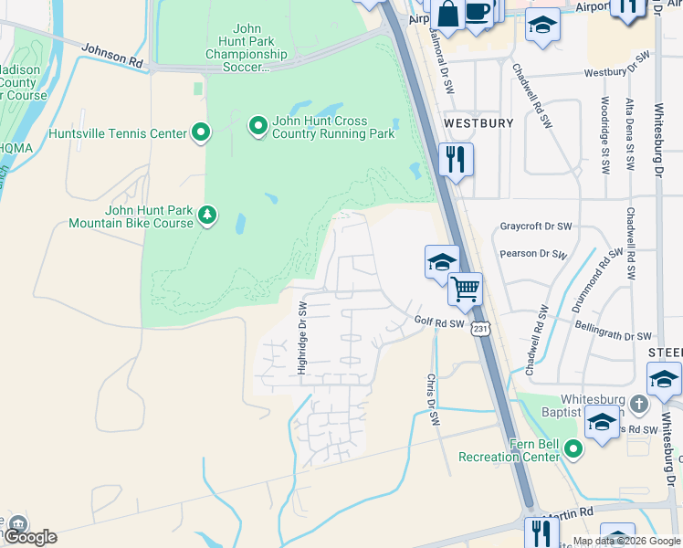 map of restaurants, bars, coffee shops, grocery stores, and more near 2022 Fairway Hills Drive in Huntsville
