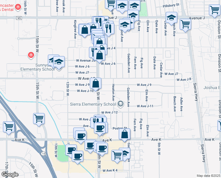 map of restaurants, bars, coffee shops, grocery stores, and more near 809 West Avenue J-10 in Lancaster