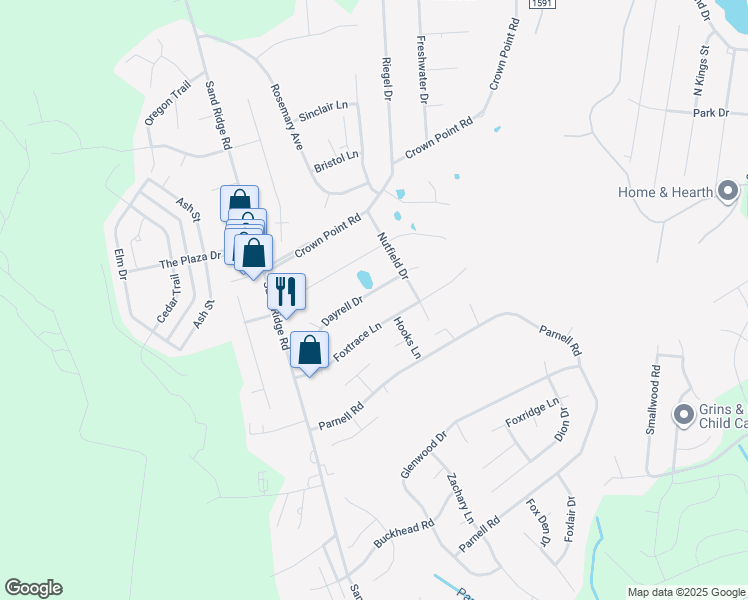 map of restaurants, bars, coffee shops, grocery stores, and more near 308 Dayrell Drive in Hubert