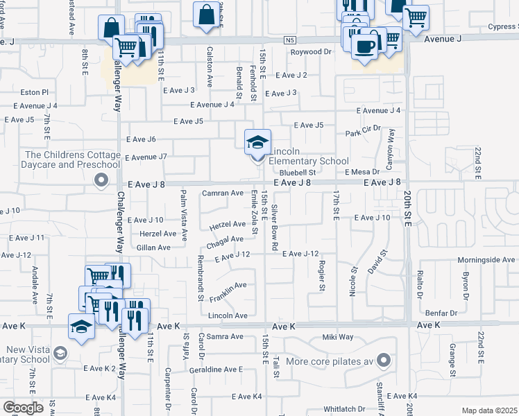 map of restaurants, bars, coffee shops, grocery stores, and more near 43914 Emile Zola Street in Lancaster