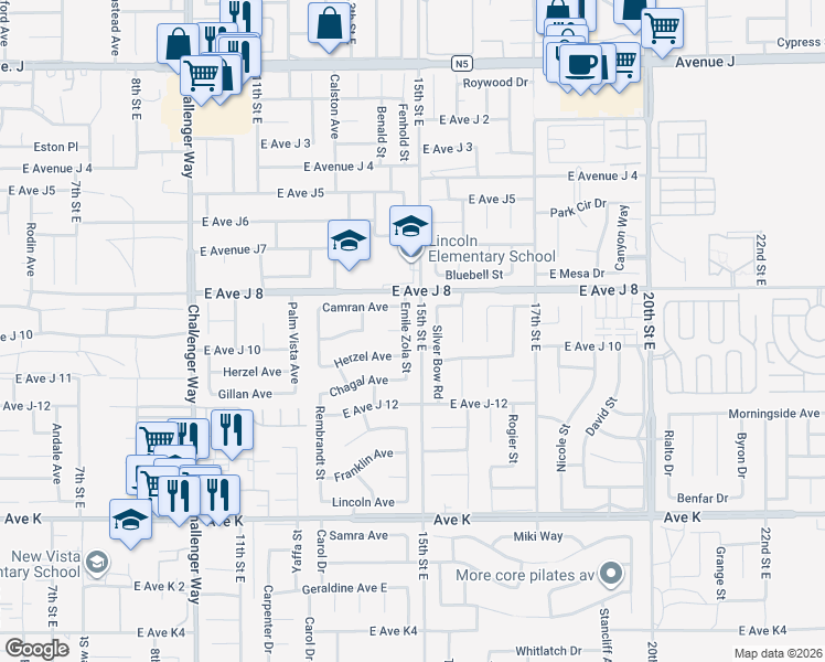 map of restaurants, bars, coffee shops, grocery stores, and more near 43914 Emile Zola Street in Lancaster