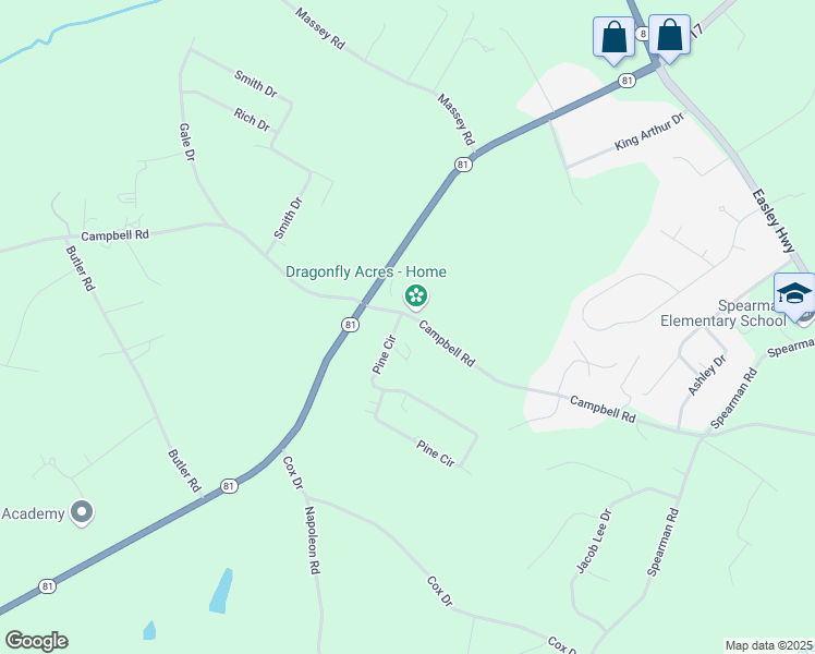 map of restaurants, bars, coffee shops, grocery stores, and more near 101 Pine Circle in Pelzer