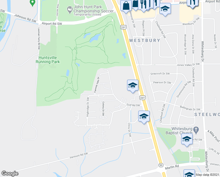 map of restaurants, bars, coffee shops, grocery stores, and more near 2020 Golf Road Southwest in Huntsville