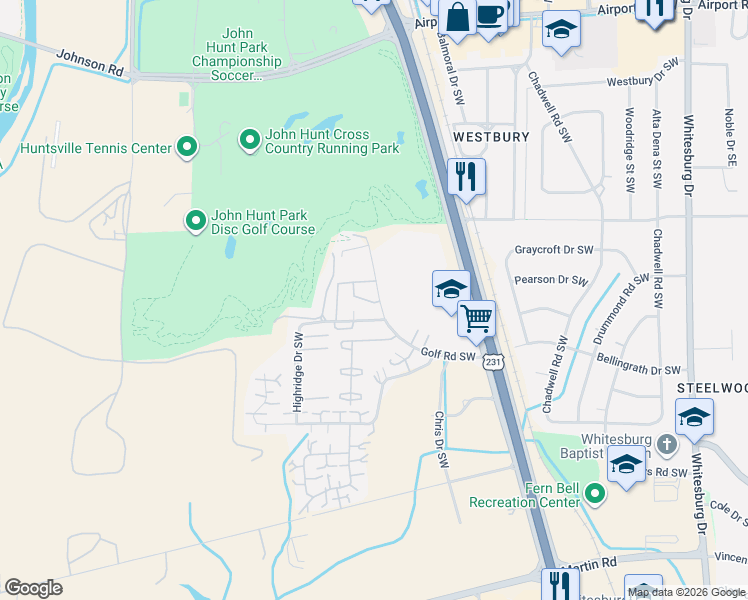 map of restaurants, bars, coffee shops, grocery stores, and more near 2020 Golf Road Southwest in Huntsville