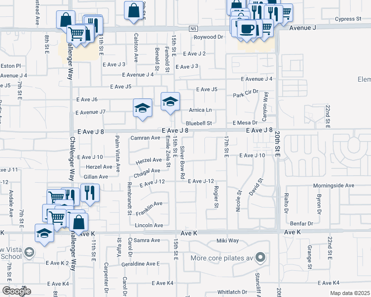 map of restaurants, bars, coffee shops, grocery stores, and more near 43932 Silver Bow Road in Lancaster