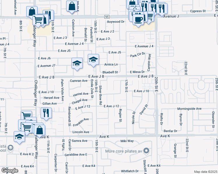 map of restaurants, bars, coffee shops, grocery stores, and more near 43922 Fallon Drive in Lancaster