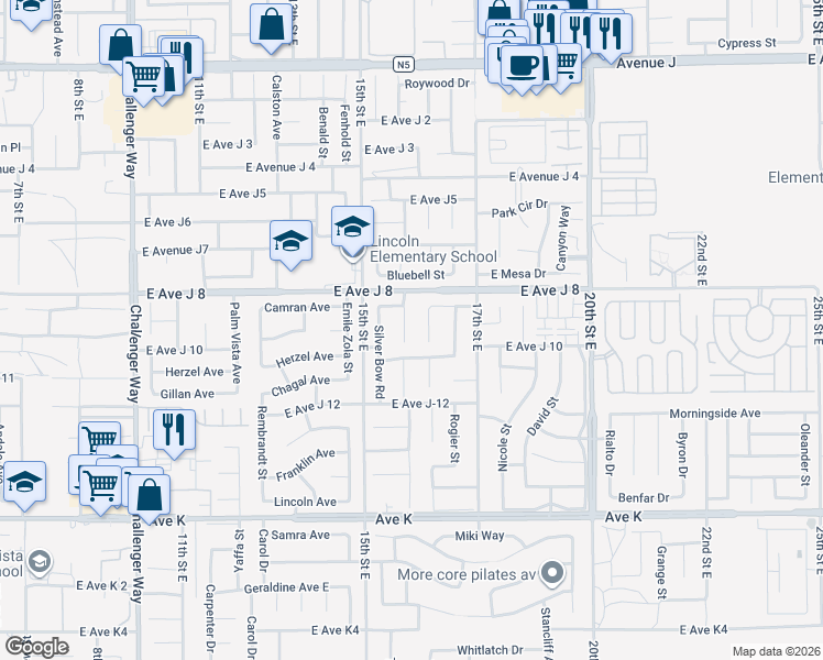 map of restaurants, bars, coffee shops, grocery stores, and more near 43922 Fallon Drive in Lancaster