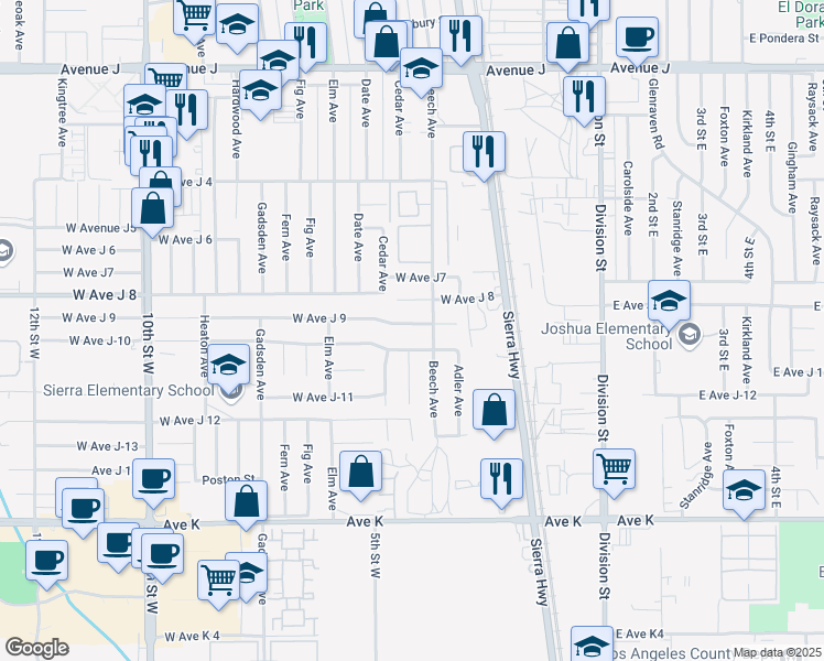 map of restaurants, bars, coffee shops, grocery stores, and more near 420 West Avenue J 9 in Lancaster