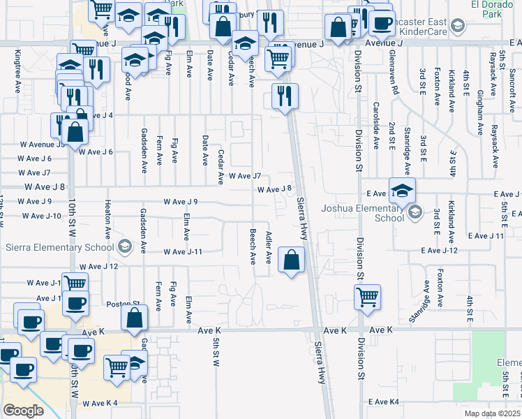 map of restaurants, bars, coffee shops, grocery stores, and more near 316 West Avenue J 9 in Lancaster