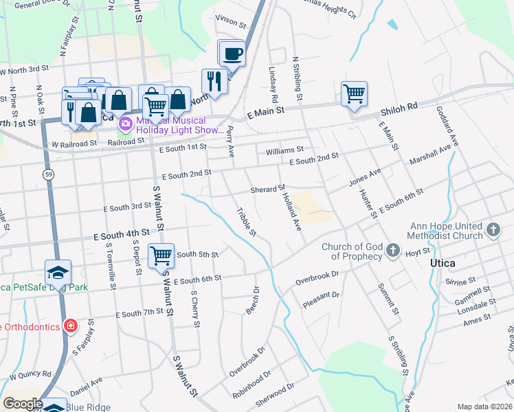 map of restaurants, bars, coffee shops, grocery stores, and more near 135 Seniors Way in Seneca