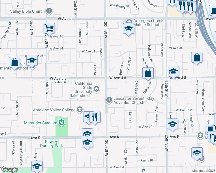 map of restaurants, bars, coffee shops, grocery stores, and more near 2859 West Avenue J-9 in Lancaster